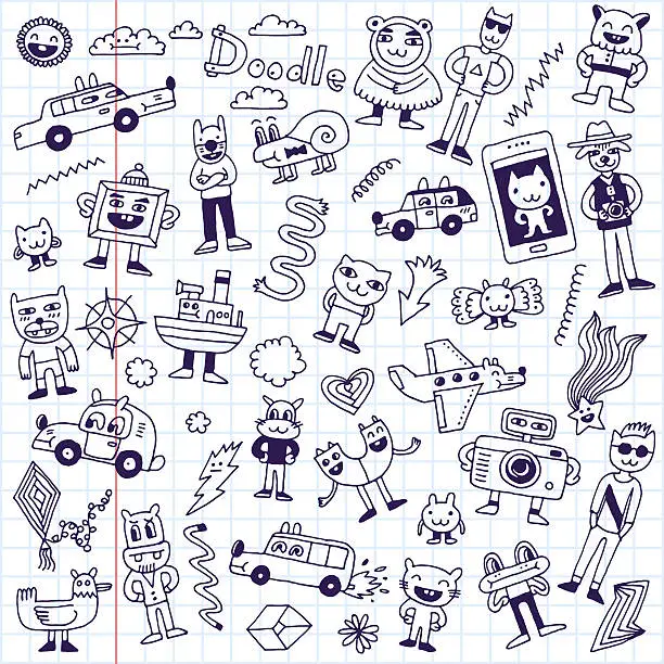 Vector illustration of Crazy funny doodles set. Hand drawn vector illustration.