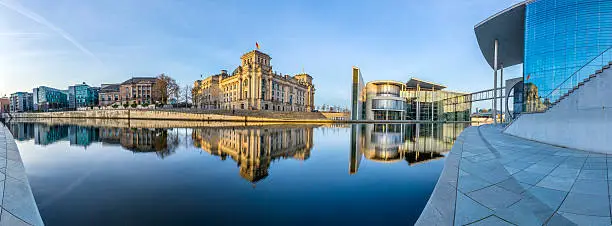 Reichstag with reflection in river Spree in early morning