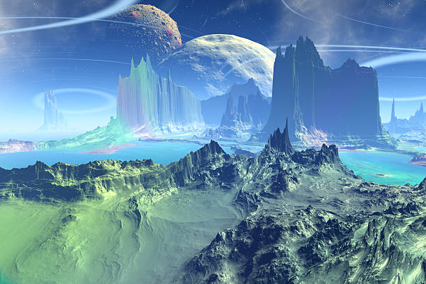 istock Fantasy alien planet. Rocks and lake 518735676