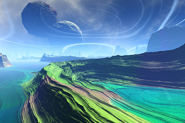 istock Fantasy alien planet. Rocks and lake 518736124