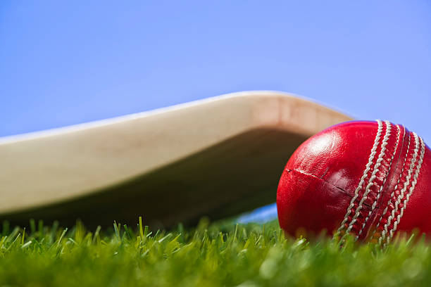 istock Red Cricket ball and bat sitting in grass sitting 518739594