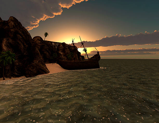 Shipwreck of a pirate sail boat on a tropical island at sunset.