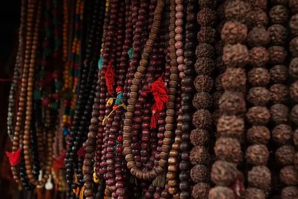 Rudraksha seed pods from broadleaf trees are strung together to form a Mala, used as prayer beads