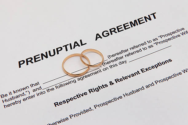 istock Prenuptial Agreement form and two gold wedding rings 518755775