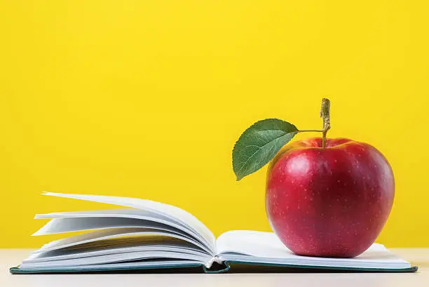 Photo of Red apple with green leaf on open notebook