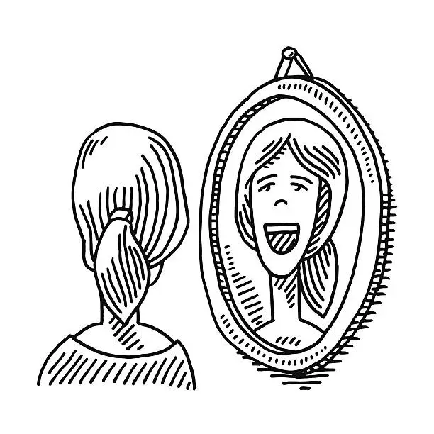 Vector illustration of Woman Looking Into Mirror Drawing