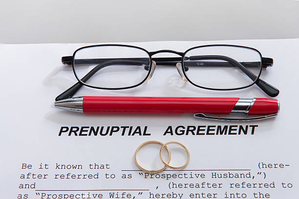 istock Prenuptial Agreement form and two gold wedding rings 518757177