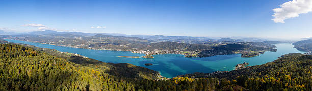Autumn Panorama View From Observation Tower Pyramidenkogel To Lake Woerth stock photo