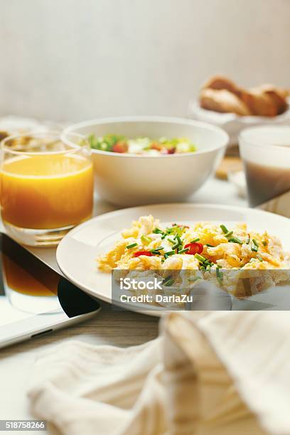 Scrambled Eggs On Breakfast Table Closeup Stock Photo - Download Image Now - American Culture, Appetizer, Brunch