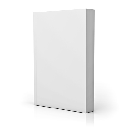 Blank paperback book cover over white background with reflection.