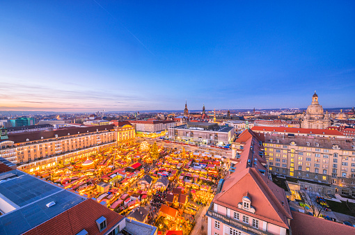 Panoramic view over Dresden and the Striezelmarkt at dusk