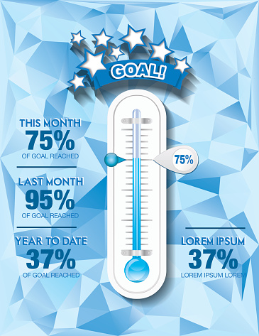Fundraising Charity Goal Thermometer Template. A thermometer on a polygon background with stars and a marker. Blue colors.