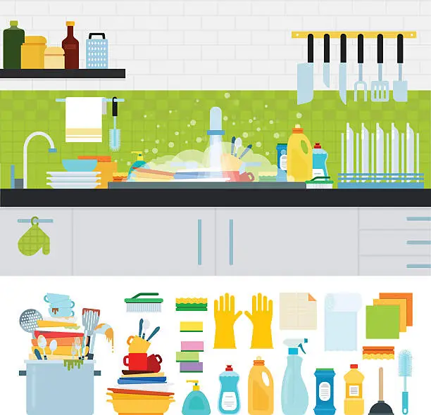 Vector illustration of Dirty sink with kitchenware