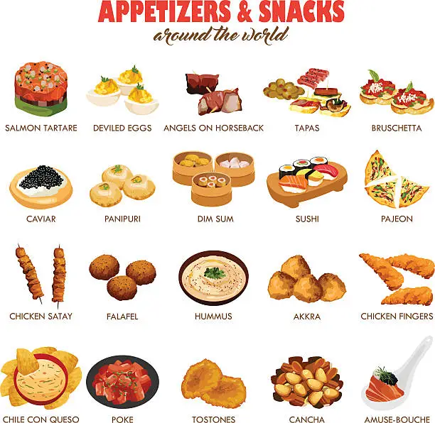 Vector illustration of Appetizers and Snacks Icons