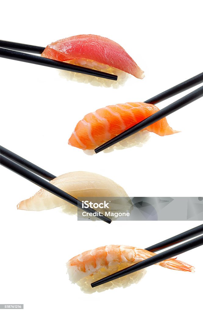 various sushi on white background various sushi isolated on white background Chopsticks Stock Photo