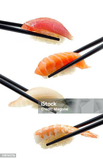 Various Sushi On White Background Stock Photo - Download Image Now - Chopsticks, Sushi, Sashimi