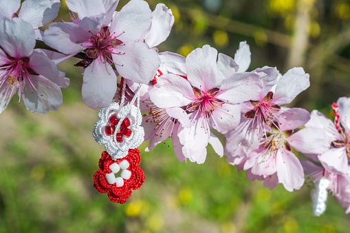 Martisor on the blossoming peach branch in the spring