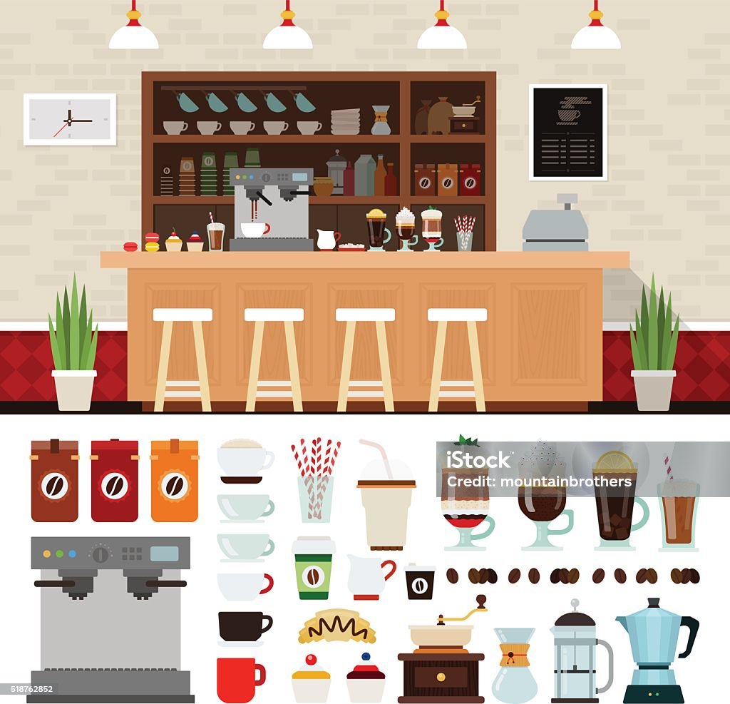 Coffee illustration set with shop interior background Coffee shop illustration set with shop interior background design elements, Infographics of coffee Coffee Shop stock vector