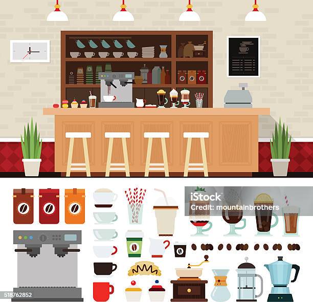 Coffee Illustration Set With Shop Interior Background Stock Illustration - Download Image Now