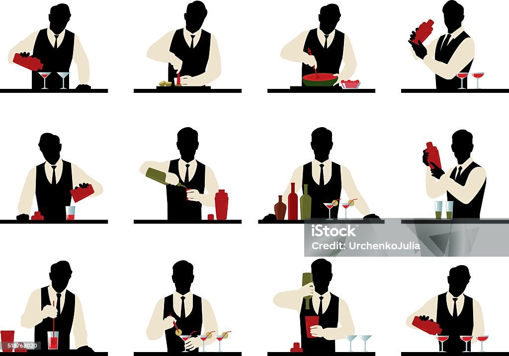 Set of silhouettes of a bartender prepares cocktails Set of silhouettes of a bartender prepares cocktails vector stock  illustration Bartender stock vector