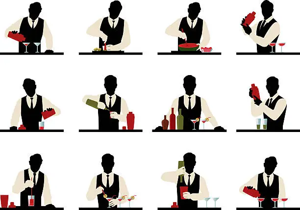 Vector illustration of Set of silhouettes of a bartender prepares cocktails