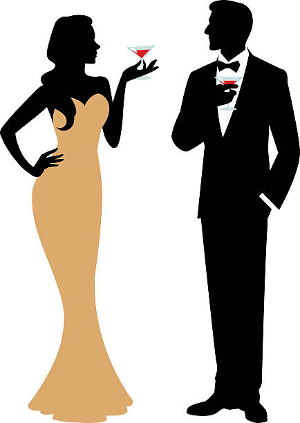 ilustrações, clipart, desenhos animados e ícones de silhueta de homem e mulher segurando um coquetel - retro revival couple men elegance