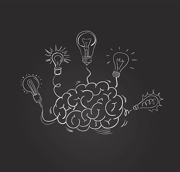 ilustrações, clipart, desenhos animados e ícones de vetor de cérebro desenhado à mão com lâmpadas diferentes - blackboard brainstorming intellectual property invention