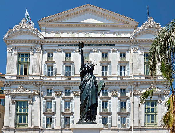 Front facade of the Opera house with statue of Liberty in city of Nice, France