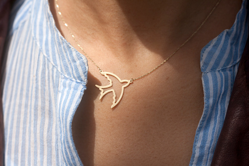 gold neckless in a bird shape. Swallow shpe neckless.