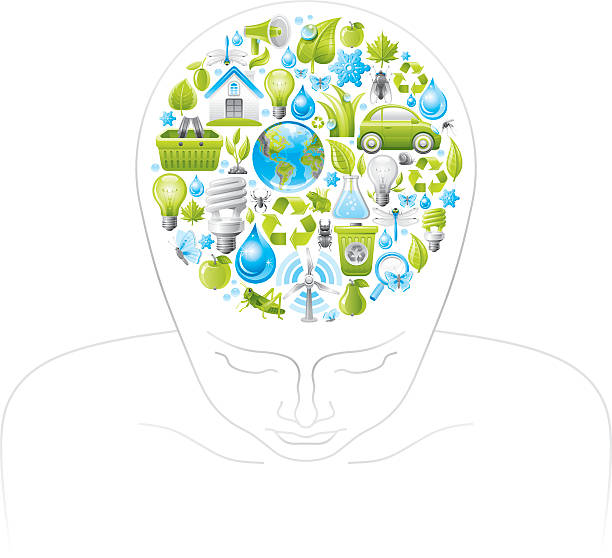 ilustrações de stock, clip art, desenhos animados e ícones de cabeça humana com símbolos de ecologia no cérebro - earth day banner placard green