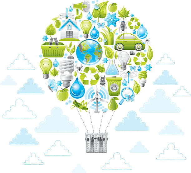 ilustrações de stock, clip art, desenhos animados e ícones de ecologycal conceito com o dreigson loooks baloon de ar - earth day banner placard green