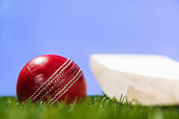 istock Red Cricket ball and bat sitting in grass sitting 518779930