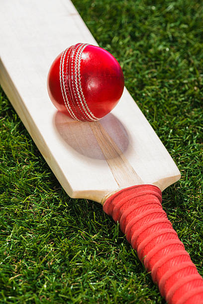 istock Red Cricket ball and bat sitting in grass sitting 518779996