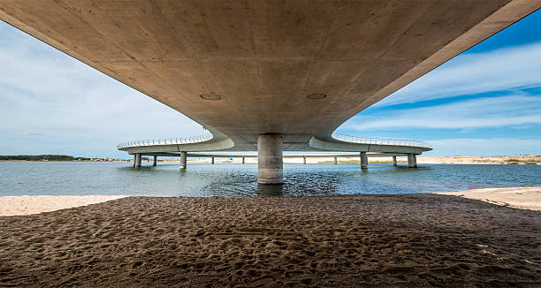 Jose Ignacio, Uruguay, March 08, 2016: A new bridge on a Uruguayan lagoon Garzon affording 360-degree views, replaces a system of slow rafts