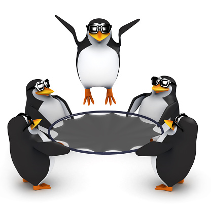 3d render of a group of penguins playing with a trampoline