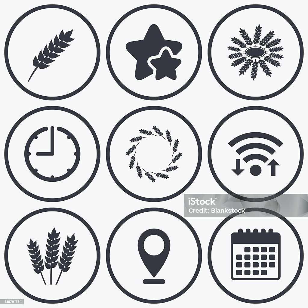 Agricultural icons. Gluten free symbols. Clock, wifi and stars icons. Agricultural icons. Gluten free or No gluten signs. Wreath of Wheat corn symbol. Calendar symbol. Agriculture stock vector