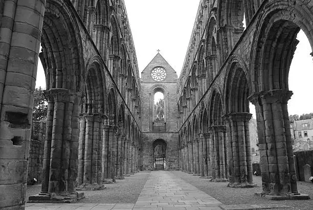 A view of the rows of arches inside the ruins of Jedburgh abbey