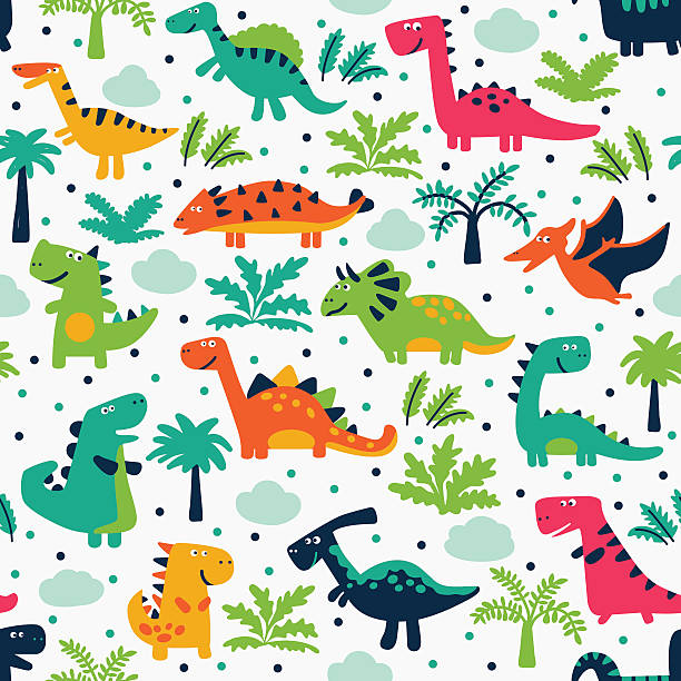 Cute seamless pattern with funny smiling dinosaurs, clouds and trees Vector seamless pattern with funny dinosaurs, clouds and trees. Ideal for cards, invitations, wallpaper, web page backgrounds, textile industry, kindergarten, preschool and children room decoration dinosaur stock illustrations