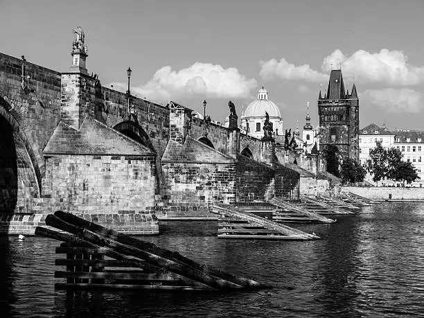 Charles Bridge and Vltava River in Prague, Czech republic, black and white image