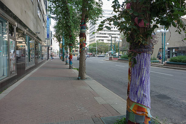 Edmonton, Canada - August 7, 2014: Street art project called CommuKNITy Spiritual Arts Collective