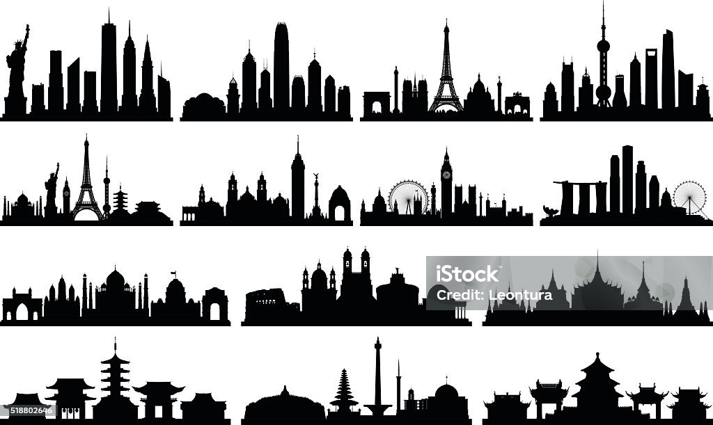 Highly Detailed Skylines (Complete, Moveable Buildings) Highly detailed skyline silhouettes. All buildings are complete and moveable. From left to right; New York, Hong Kong, Paris, Shanghai, World skyline, Mexico City, London, Singapore, Delhi, Rome, Bangkok, Tokyo, Jakarta, Beijing. Urban Skyline stock vector