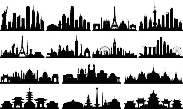 Vector illustration of Highly Detailed Skylines (Complete, Moveable Buildings)