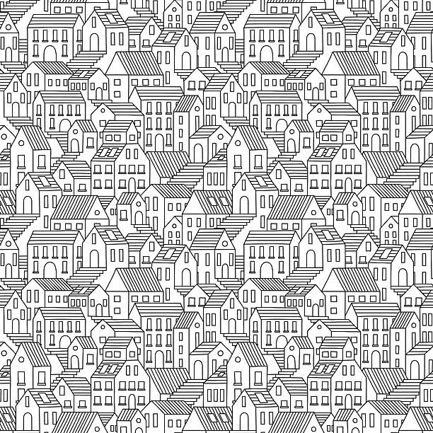 gładki wzór z ręcznie narysowane miasto domów. - seamless house pattern town stock illustrations