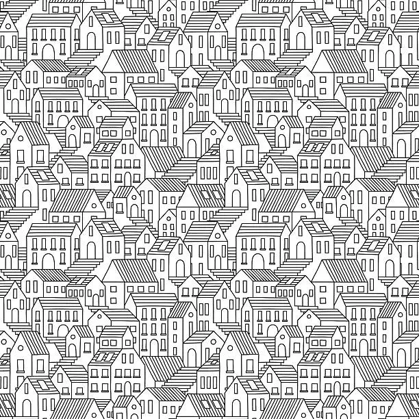 Vector illustration of Hand drawn seamless pattern with town houses.