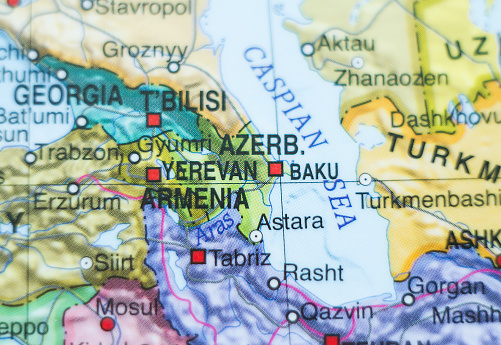 Photo of a map of Azerbaijan and the capital Baku .