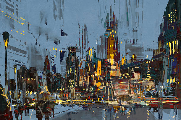 malarstwa cyfrowego z miasto nocą z kolorowych świateł. - malarstwo olejne stock illustrations