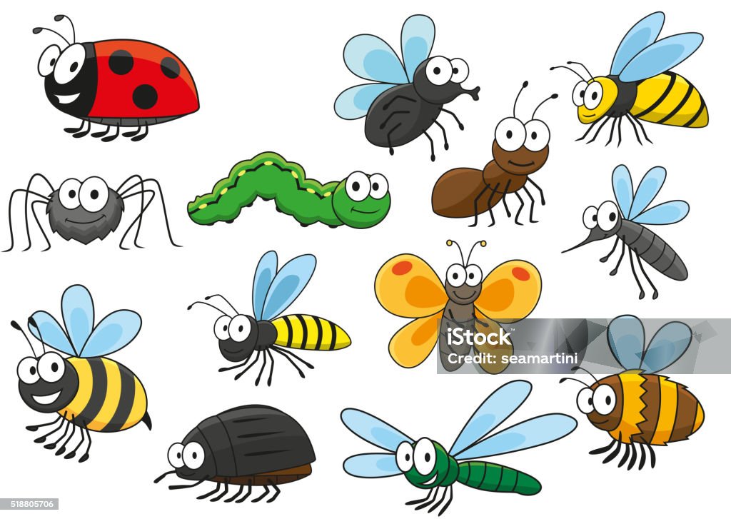 Colorful cartoon smiling insects characters Friendly smiling cartoon bee and bug, butterfly and caterpillar, fly and ladybug, spider and mosquito, wasp and ant, bumblebee, dragonfly and hornet characters. Colorful funny insects for t-shirt print, mascot, childish book or nature themes design  Insect stock vector