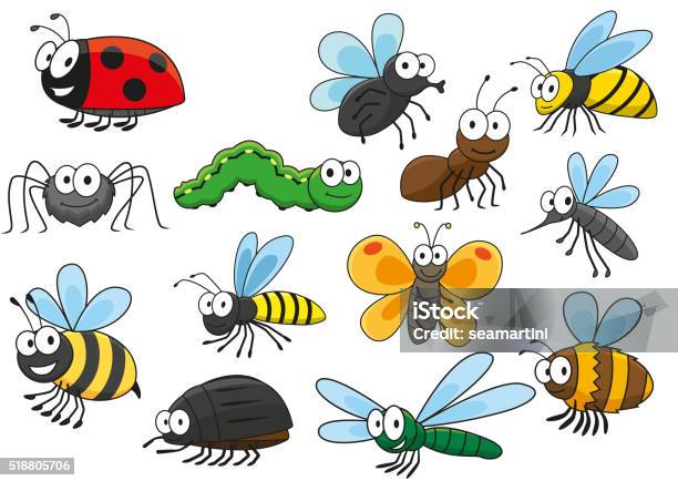 Colorful Cartoon Smiling Insects Characters Stock Illustration - Download Image Now - Insect, Cartoon, Backgrounds