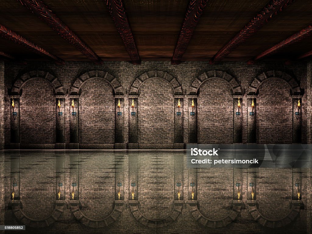 Medieval castle hall Dark medieval castle hall with columns and torches. Castle Stock Photo