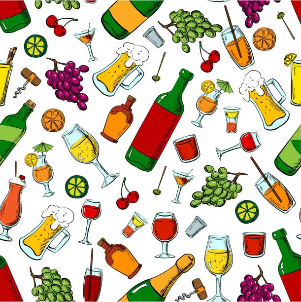 Vector illustration of Alcohol, drinks and fruits seamless pattern